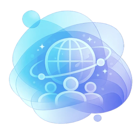 3D illustration of a wireframe globe with latitude and longitude lines, rendered in teal with floating sparkles and ethereal purple accents, representing external knowledge from conferences, podcasts, publications, and industry experts