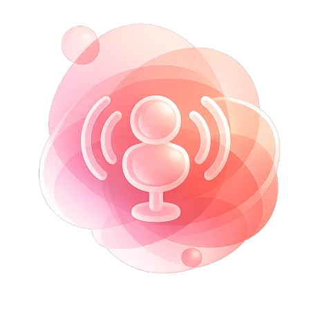 3D illustration of a microphone with audio waves, rendered in purple and teal gradients with ethereal glow, representing private invite-only communities