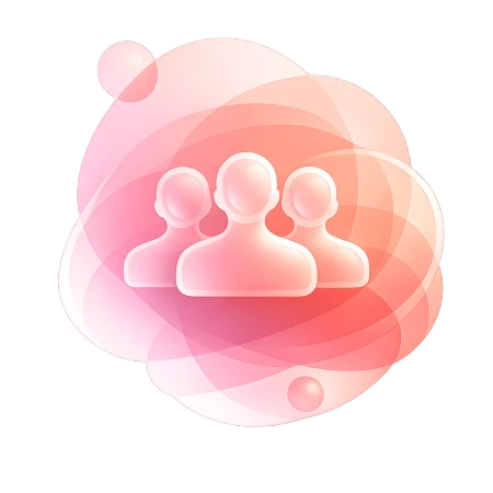 3D illustration of connected people profiles with chat bubbles, rendered in purple and teal gradients with sparkles, representing community profiles and discussion